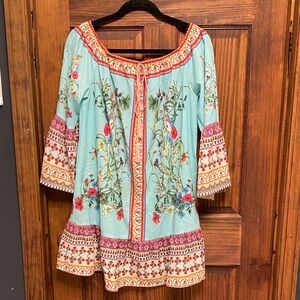 Umgee Aqua Floral Embroidered Tunic dress.